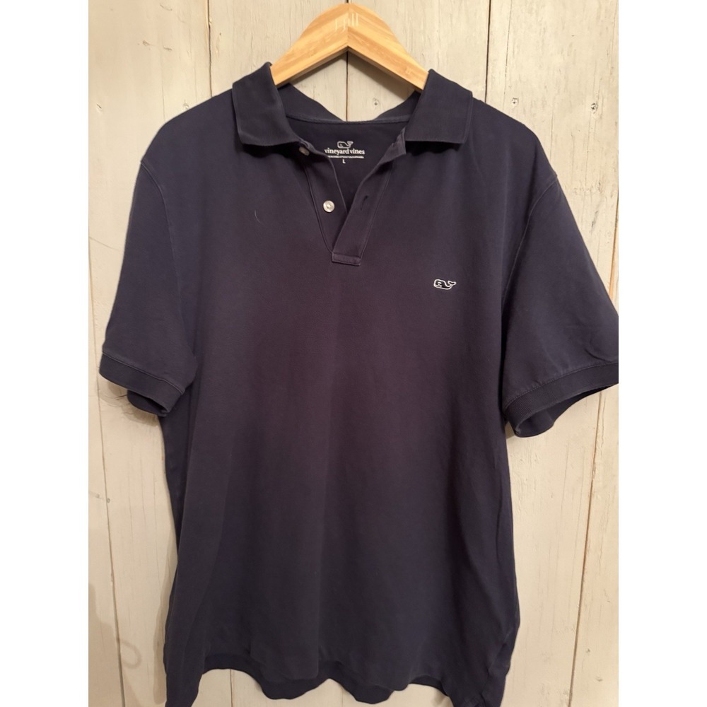 Vineyard Vines Mens Polo Shirt Sz Lg Blue Whale Logo Collar Pique Knit Short Slv